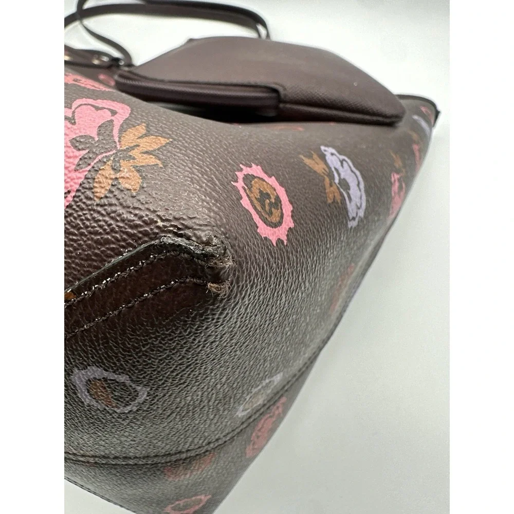 COACH Floral Print Tote Bag Brown Pink Lavender Shoulder Bag w/ Matching Pouch